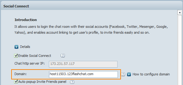Social Connect Settings in Admin Panel of 123 Flash Chat, Chat Software