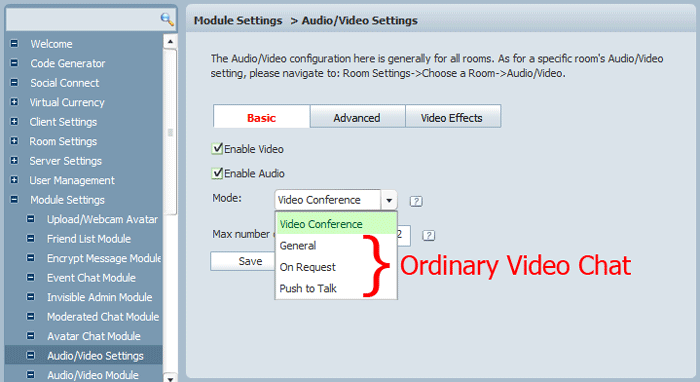 Audio/Video Settings Panel in 123 Flash Chat, Chat Software