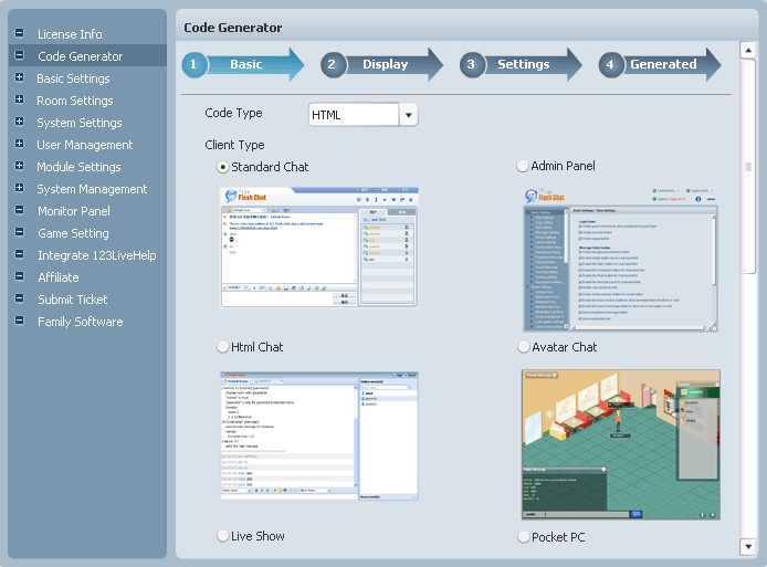 Choose Chat Code Type and Chat Client Type to embed chat room to your website.