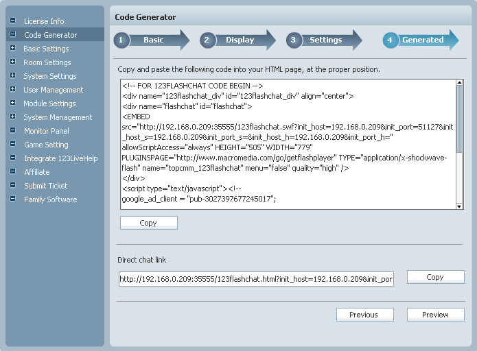 Chat code is generated successfully. Embed these chat scripts into webpage to build a chat room.