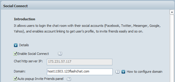 Social Connect Settings in Admin Panel of 123 Flash Chat, Chat Software