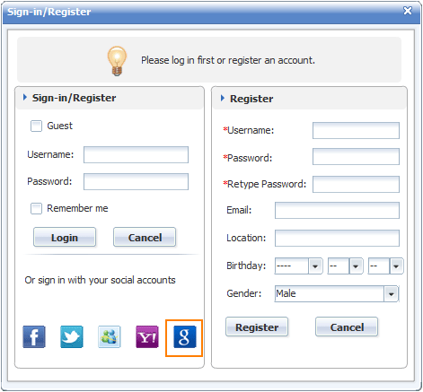 Social Connect Login Panel of 123 Flash Chat, Chat Software