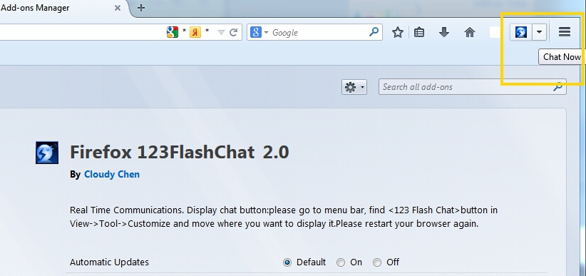 Enter 123 Flash Chat room lobby via FireFox Chat Extension.