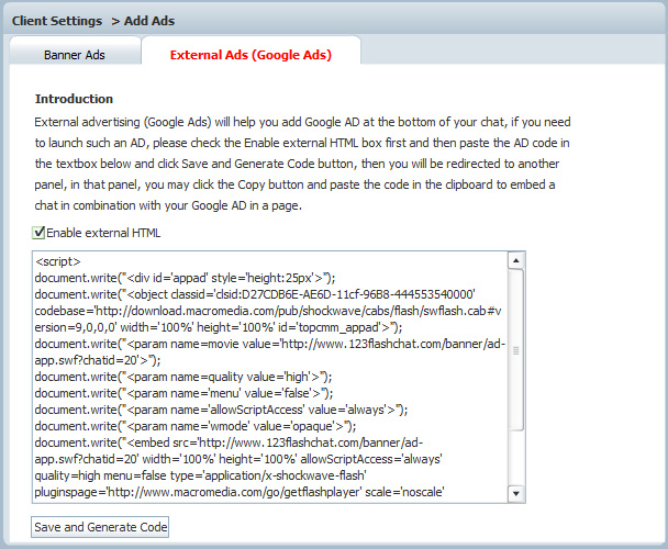 Mobile Ad Settings, Mobile Chat, 123 Flash Chat