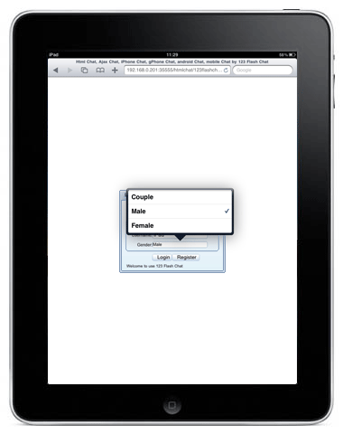 iPad Chat login panel with available genders to choose to enter.