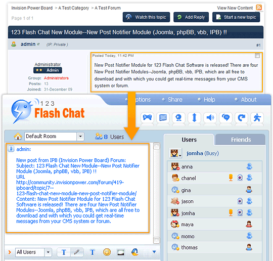 In chat room of 123 Flash Chat, online chat users get instant alert from IPB forum for the Free IPB Post Notifier Module for 123 Flash Chat Software.