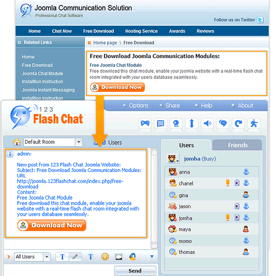 In chat room of 123 Flash Chat, online chat users get instant alert from Joomla Post Notifier Module for 123 Flash Chat Software.