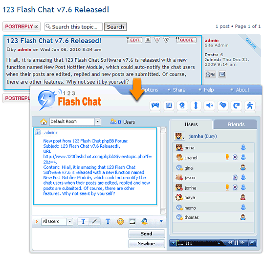 In chat room of 123 Flash Chat, online chat users get instant alert from phpBB forum for the Free phpBB Post Notifier Module for 123 Flash Chat Software.