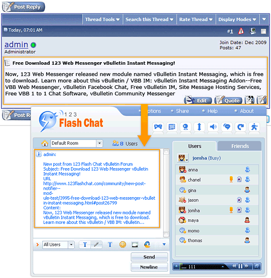 In chat room of 123 Flash Chat, online chat users get instant alert from vBulletin forum for the Free vBulletin Post Notifier Module for 123 Flash Chat Software.